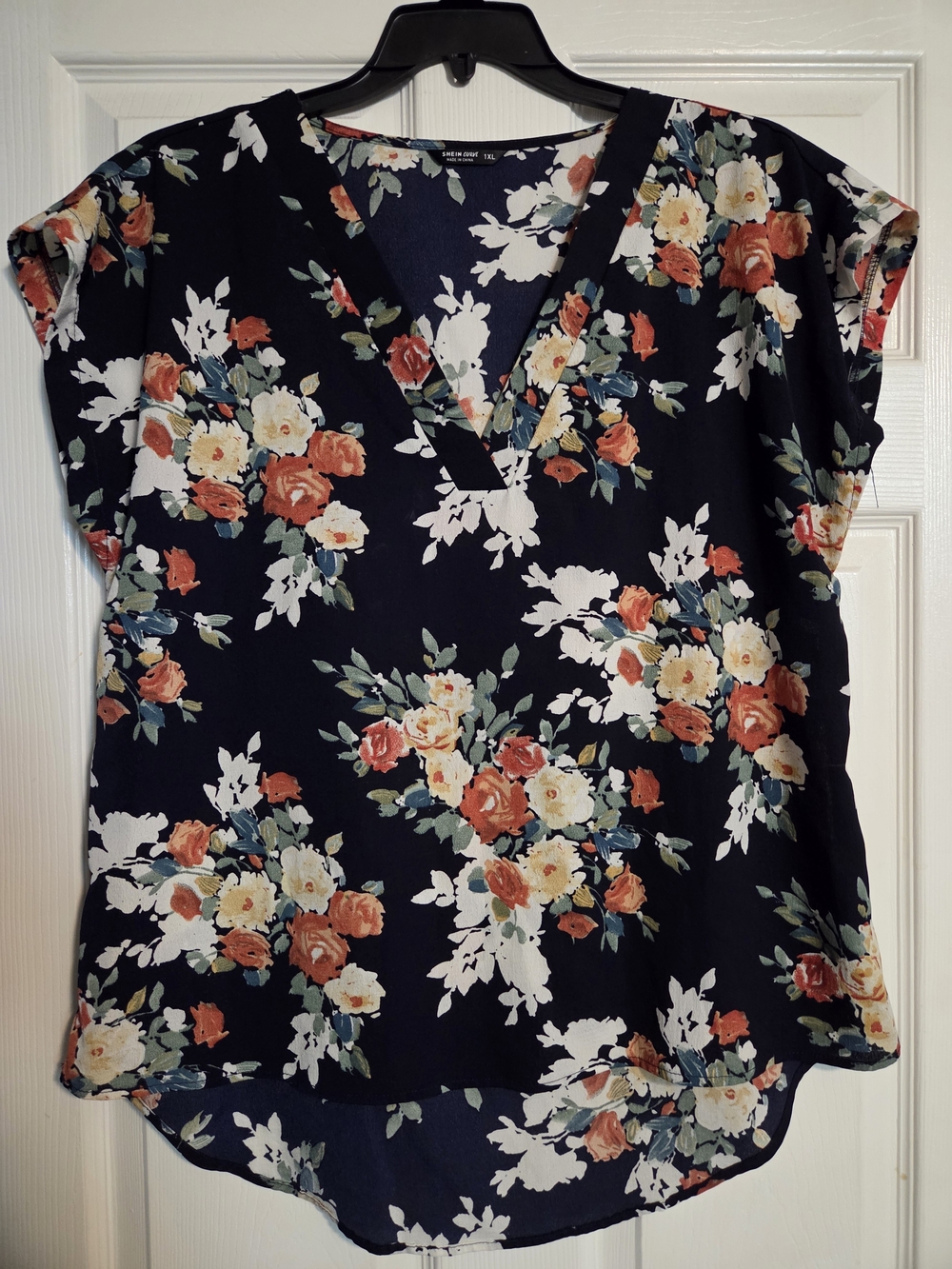 Shein Floral V-Neck Women's Top in Navy with Coral & Cream Blooms